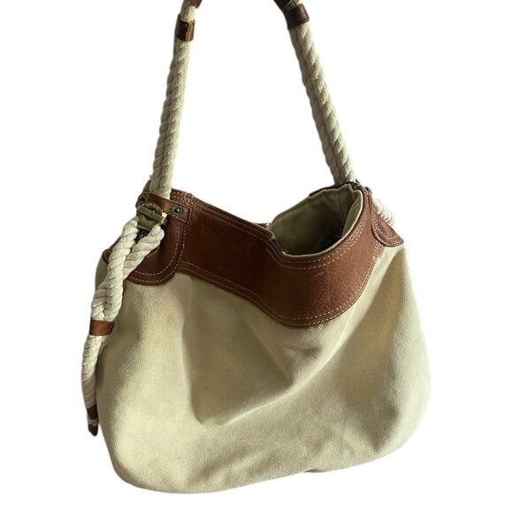 Vtg GAP Jeans Canvas Bucket Bag Tote Rope Cream Brown Leather Y2K 90s Hobo Purse - Picture 7 of 16